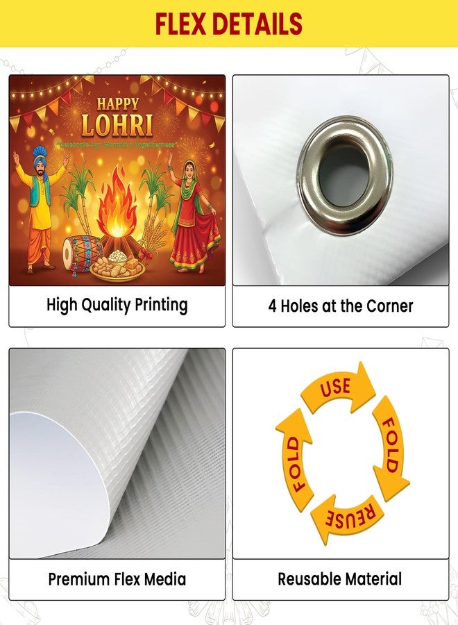 1iAM Happy Lohri Decoration Flex 4x3ft - Pack of 4 | Exclusive "HAPPY LOHRI" Printed Flex Backdrop with Hooks and Ring Ribbon | Punjabi Festival Decor For Home Indoor Outdoor Event on 13th January - Image 3